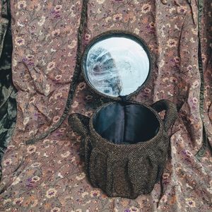 Vintage beaded round bronze clutch with mirror